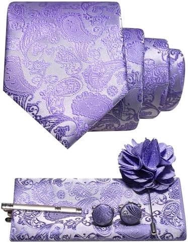 Set s kravatou, kapesníčkem, manžetovými knoflíčky, sponou a květinovou broží v levandulově fialové barvě s paisley vzorem 21