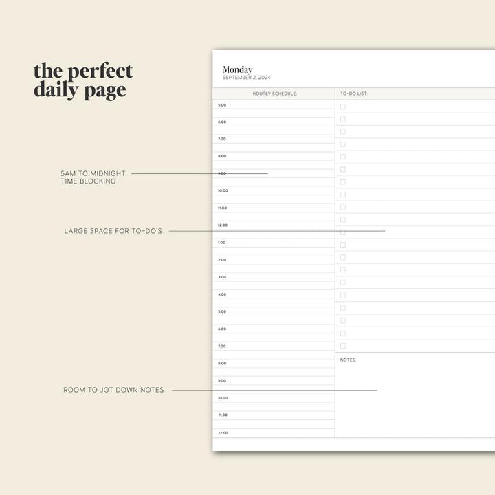 Täglicher Planer für Montag, Zeitplan und To-Do-Liste, minimalistisch, cremefarben.