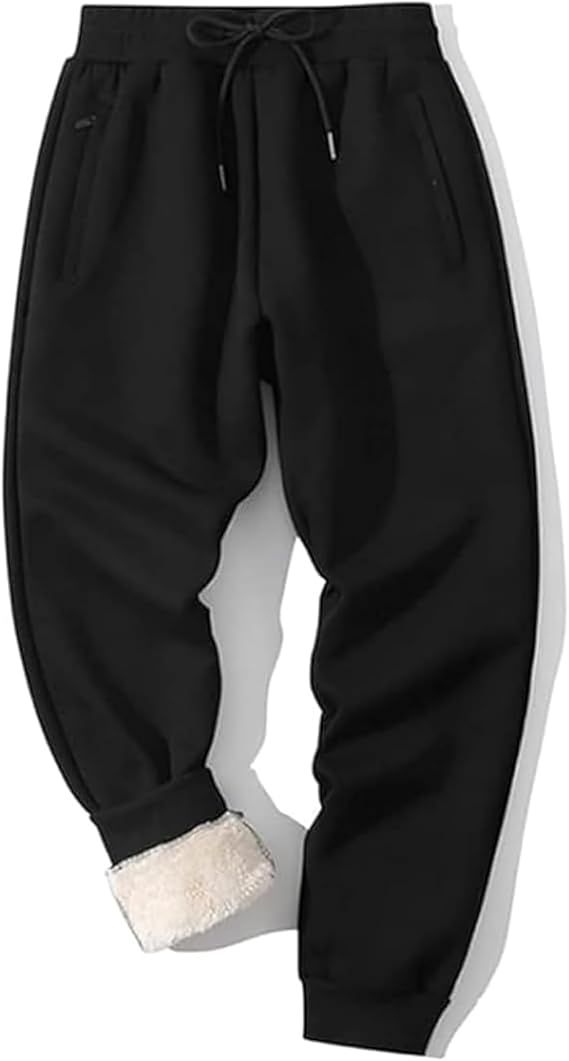 Schwarze Jogginghose mit Fleece-Futter, Kordelzug, Taschen, Herrenmode, Winterbekleidung.