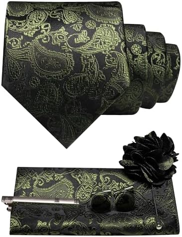 Set kravaty s paisley vzorem, kapesníčku, knoflíčků, spony a květinové brože v olivově zelené na černém podkladu 24