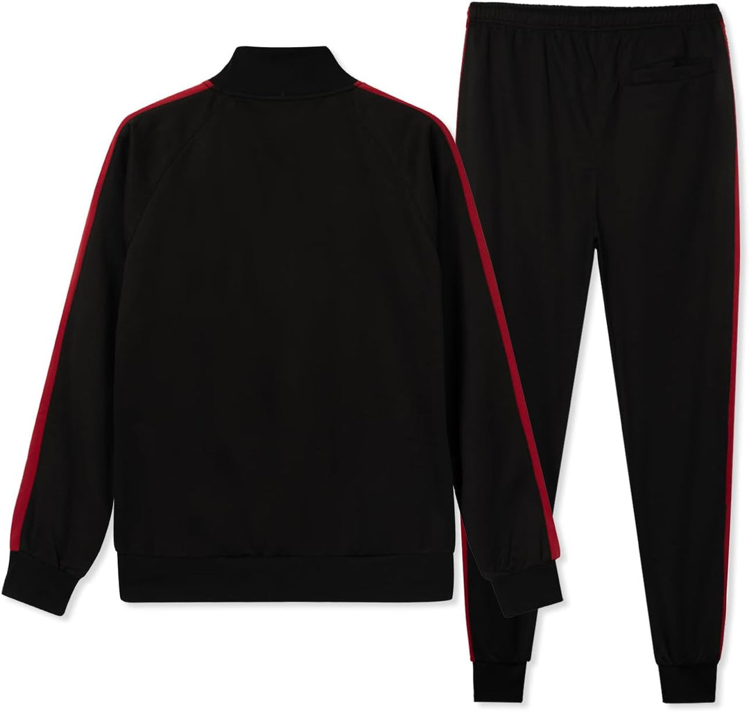 Schwarzer Trainingsanzug mit roten Streifen, Herrenmode, Sportbekleidung, Freizeitanzug.