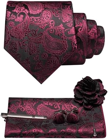 Set kravaty s paisley vzorem, kapesníčku, manžetových knoflíčků, spony a brože ve vínově červené na černém podkladu 35