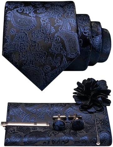 Set kravaty s paisley vzorem, kapesníčku, manžetových knoflíčků, spony a brože v tmavě modré barvě 23