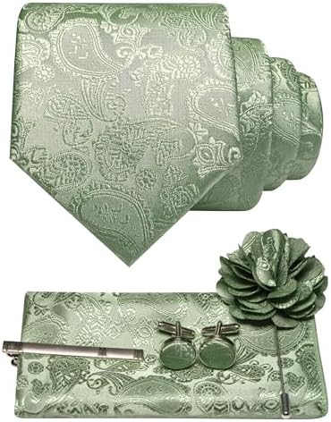 Set kravaty s paisley vzorem, kapesníčku, manžetových knoflíčků, spony a brože v pastelově šalvějově zelené barvě 30