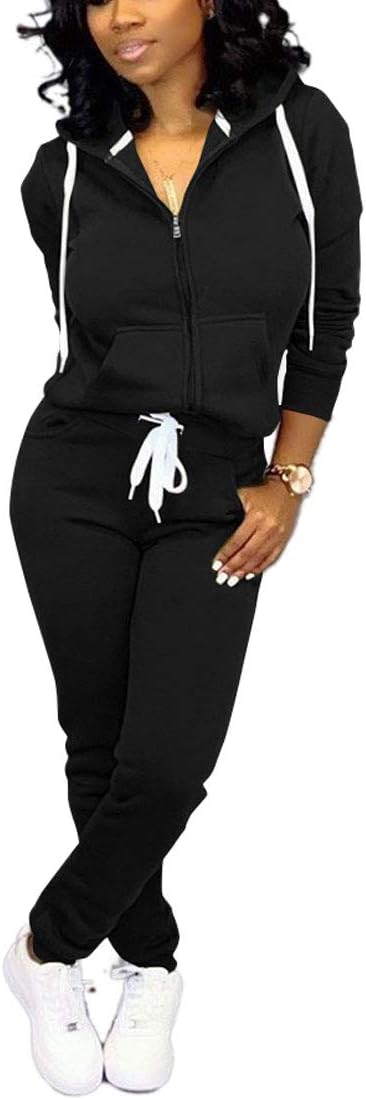 Damen Jogginganzug schwarz, Kapuzenjacke mit Reißverschluss, weiße Schnürung, Freizeitmode