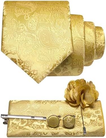 Set se zlatožlutou paisley kravatou, kapesníčkem do saka, manžetovými knoflíčky, sponou na kravatu a květinovou broží do klopy. 5
