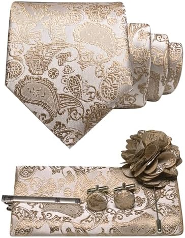 Set se šampaňsky béžovou paisley kravatou, kapesníčkem do saka, manžetovými knoflíčky, sponou a květinovou broží do klopy. 20