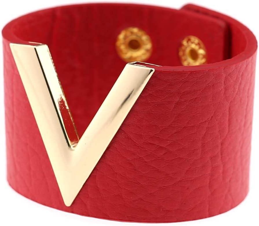 Rotes Lederarmband mit goldener V-förmiger Verzierung, modisches Accessoire für Damen.