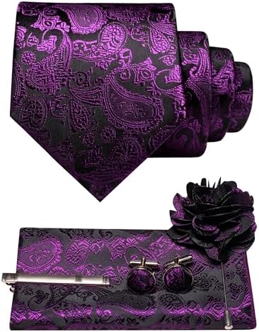 Set kravaty s paisley vzorem, kapesníčku, manžetových knoflíčků, spony a brože v sytě fialové na černém podkladu 28