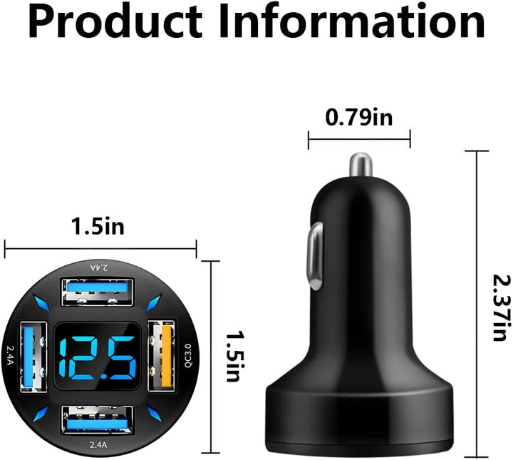 Schwarzes USB-Autoladegerät mit vier Anschlüssen und LED-Anzeige, kompakt, effizient.