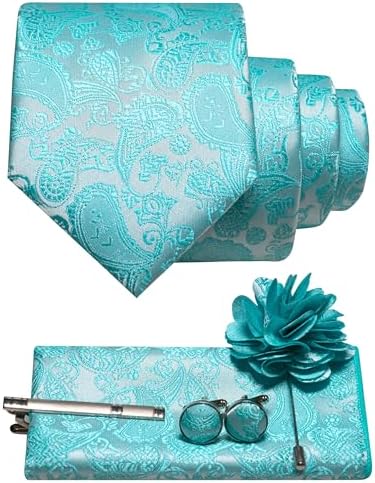 Set kravaty s paisley vzorem, kapesníčku, manžetových knoflíčků, spony a brože v tyrkysové mátové barvě 34