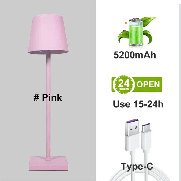 Rosa LED-Tischlampe aus Aluminium, 5200mAh, USB-C, wiederaufladbar, 15-24h Nutzung.