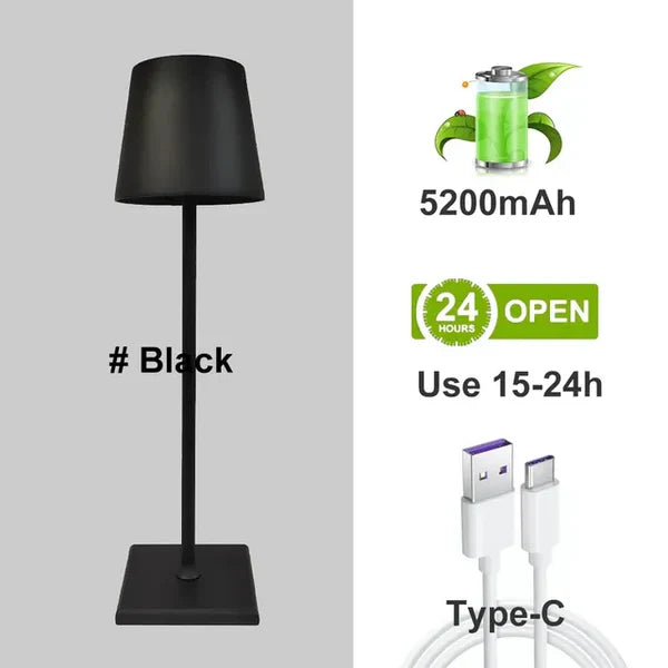 Schwarze LED-Tischlampe, 5200mAh, USB-C, Aluminium, wiederaufladbar, für Wohnzimmer, Lesen.