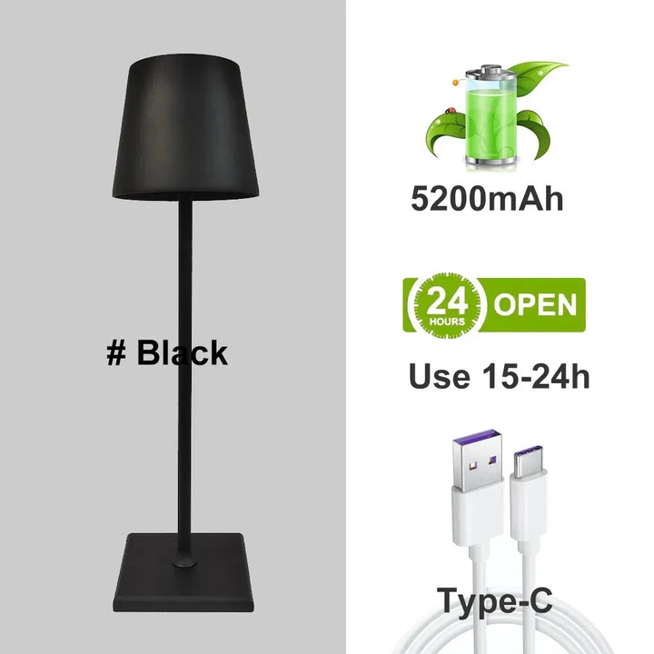 Schwarze LED-Tischlampe, 5200mAh, USB-C, Aluminiumlegierung, wiederaufladbar, 15-24h Nutzung.