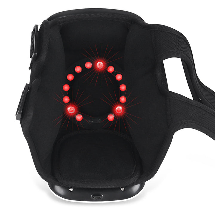 Schwarzes Nackenmassagegerät mit roten LED-Lichtern, ergonomisch, tragbar, Entspannung.