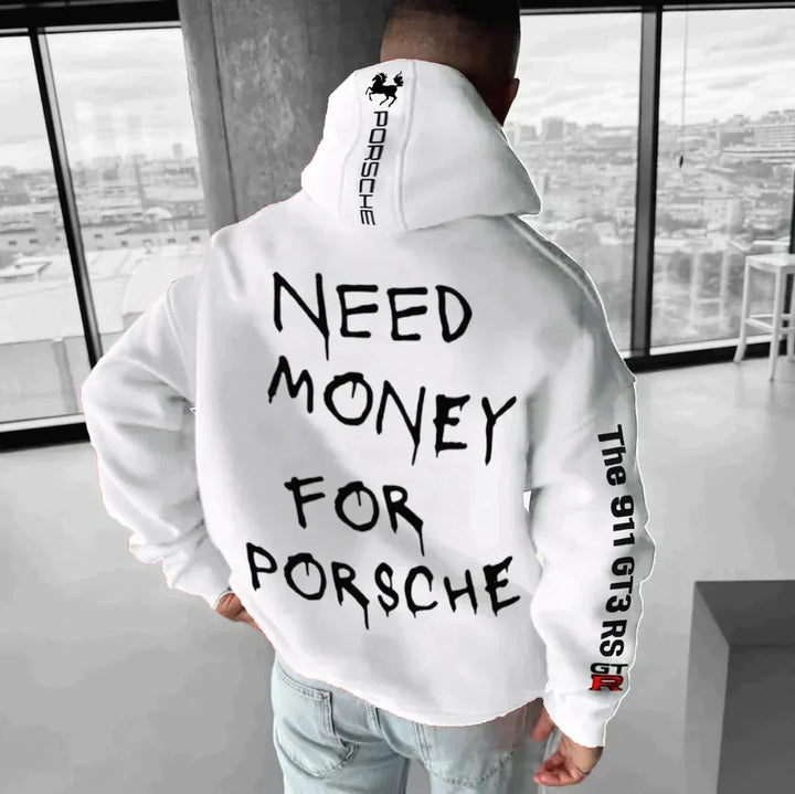 Weiße Kapuzenjacke mit "Need Money for Porsche"-Aufdruck, Porsche-Logo, lässiger Stil.