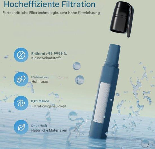 Tragbarer Wasserfilter, blau, mit UV-Membran, hohe Filterleistung, entfernt Schadstoffe, Outdoor.