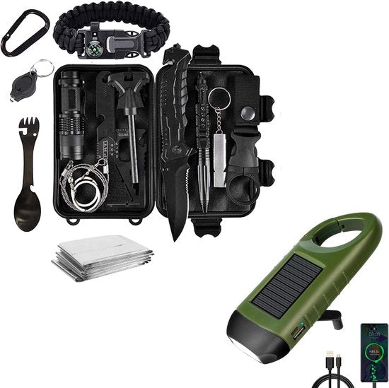 Survival-Kit mit Messer, Taschenlampe, Kompass, Paracord-Armband, grünem Solarladegerät.