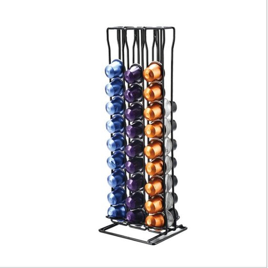 Kapselhalter aus Metall für Nespresso, schwarz, mit bunten Kaffeekapseln, platzsparend.