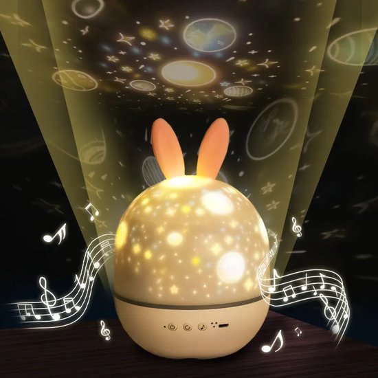 Nachtlicht Projektor mit Hasenohren, LED, Musik, Sternenhimmel, Kinderzimmer, beige.
