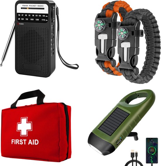 Tragbares Notfallset mit Radio, Erste-Hilfe-Set, Solarladegerät, Paracord-Armbänder.