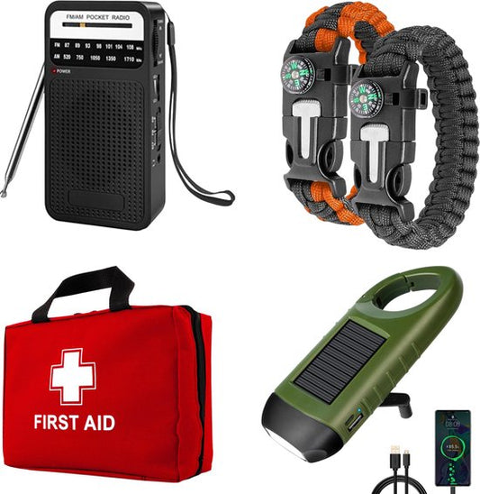 Tragbares Notfallset mit Radio, Erste-Hilfe-Set, Solarladegerät, Paracord-Armbänder.
