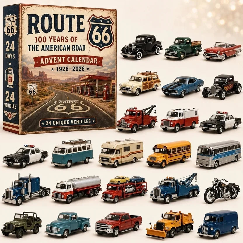 Krabice se silnicí v poušti a čerpací stanicí, vedle ní 24 miniatur: hasičské, policejní, obytné, autobusy i motocykl 15