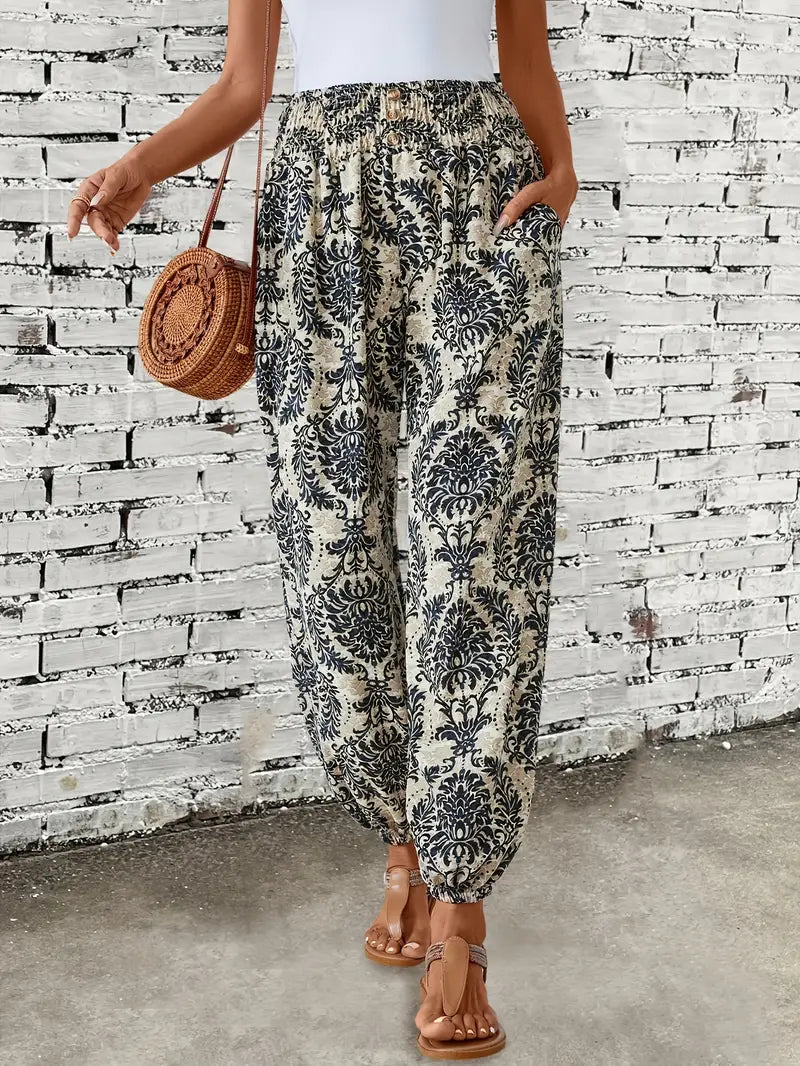 Boho-chic dámské kalhoty s grafickým potiskem – Solara
