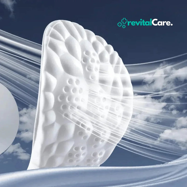 Weiße, strukturierte Damenbinde vor blauem Himmel, RevitalCare, Hygieneprodukt.