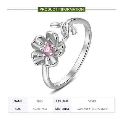 Silberring mit verstellbarer Größe, Blume, rosa Stein, 925 Sterling Silber, Damen Schmuck.