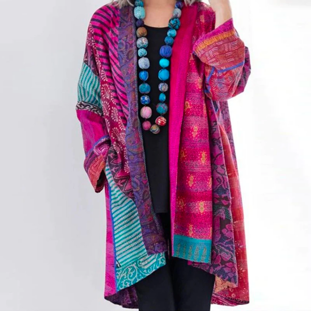 Podzimní boho pletený cardigan s barevným podzimním vzorem – Maravilla