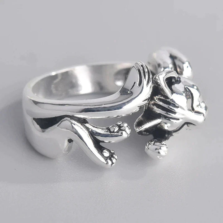 Silberner Katzenring, verstellbar, Tiermotiv, modisches Accessoire, Geschenkidee.