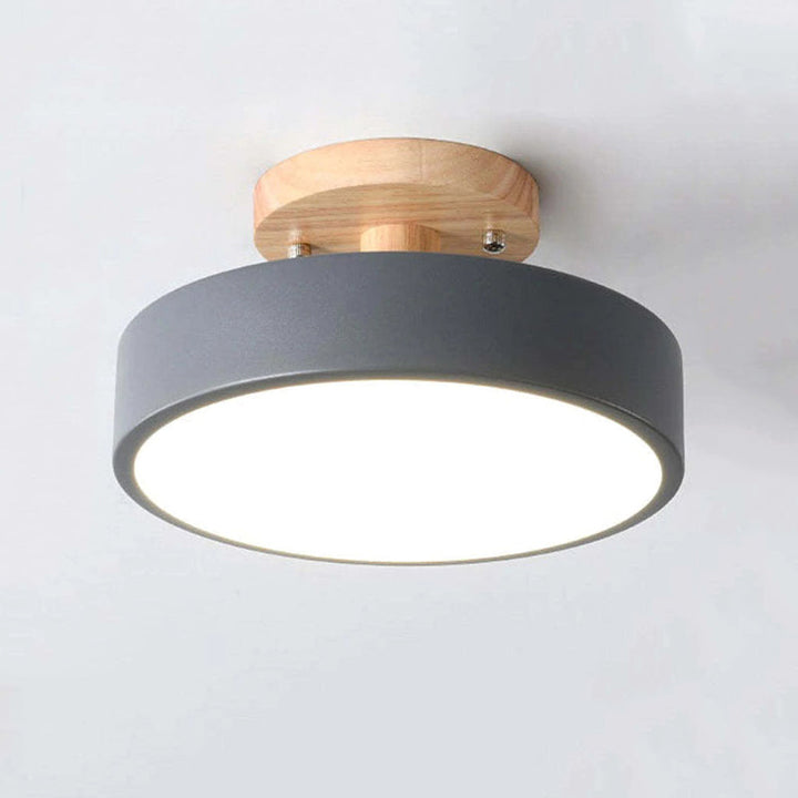 Moderne Deckenleuchte, rund, grau, Holzdetails, LED, energiesparend, für Wohnzimmer.