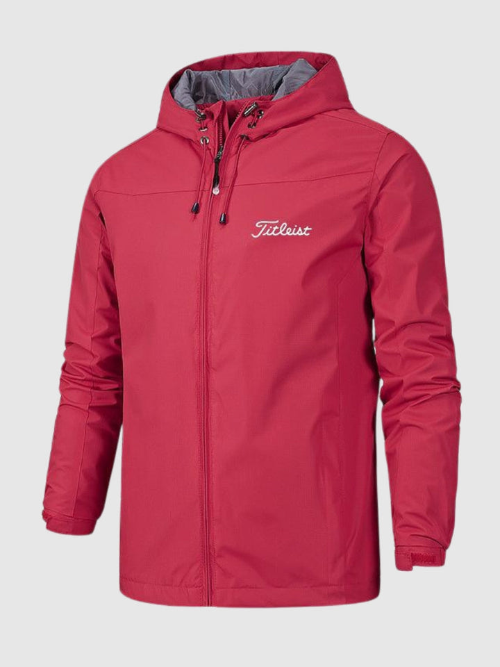 Rote Titleist Herren-Golfjacke, wasserabweisend, mit Kapuze und Reißverschluss.