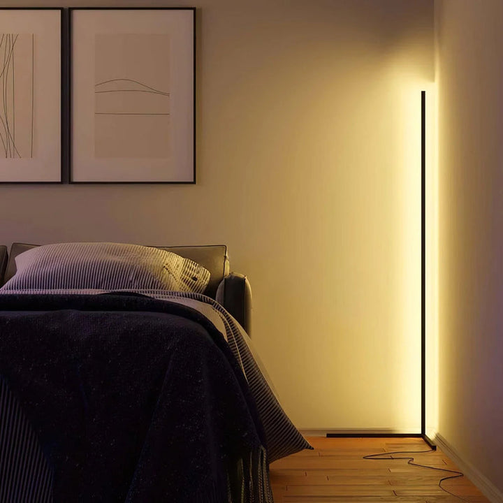 Lampa osvětlující stěnu v ložnici vedle postele, vlevo dva zarámované obrazy, kabel na podlaze 4