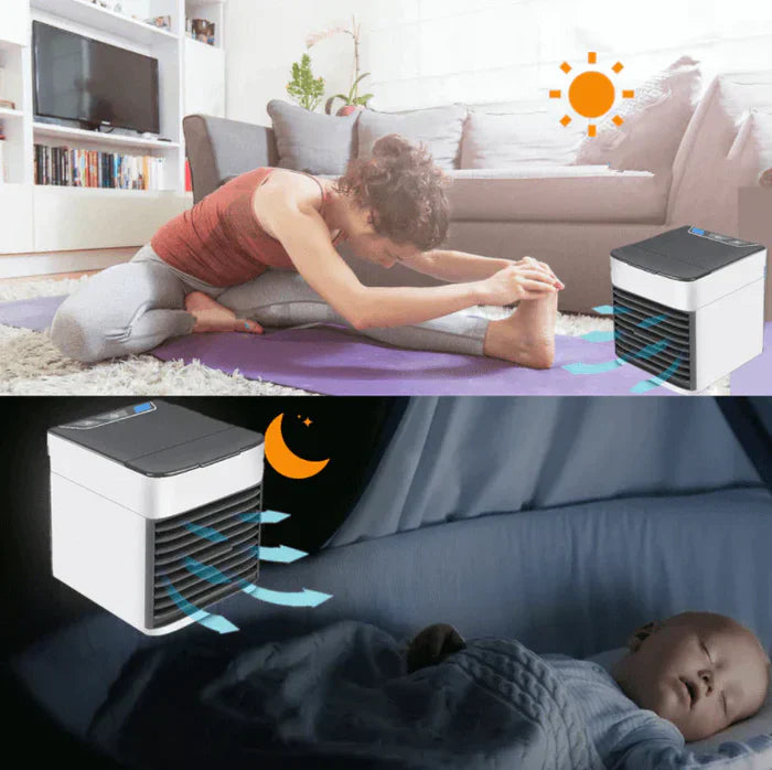 Kompakter Luftkühler, tragbar, weiß, für Yoga und Schlaf, energiesparend, leise, effizient.