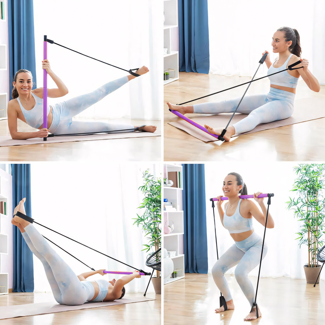 Frau trainiert mit lila Pilates-Stange und Widerstandsbändern im Wohnzimmer, Fitness-Übungen.