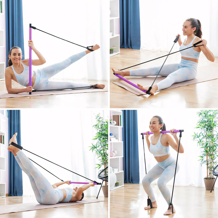 Frau trainiert mit lila Pilates-Stange und Widerstandsbändern im Wohnzimmer, Fitness-Übungen.