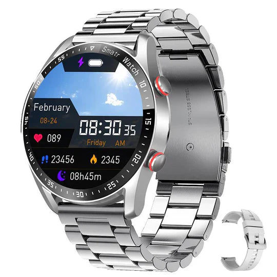 Silberne Smartwatch mit Metallarmband, Herzfrequenzmesser, Schrittzähler, Touchscreen-Display.