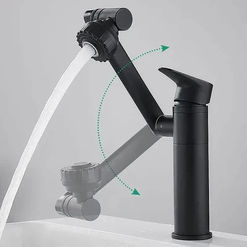 Schwarzer Wasserhahn mit flexiblem Auslauf, drehbar, modernes Design, Küche oder Bad.