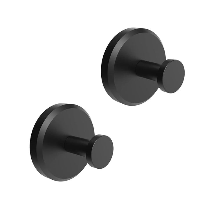 Zwei schwarze Wandhaken aus Metall, rundes Design, modern, für Badezimmer oder Küche.