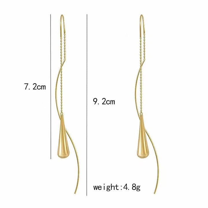 Goldene Tropfen-Ohrringe, minimalistisches Design, 7,2 cm und 9,2 cm Länge, eleganter Schmuck.