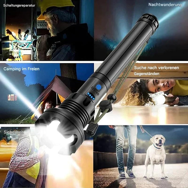 Leistungsstarke LED-Taschenlampe, schwarz, für Camping, Nachtwanderung, Sicherheit.