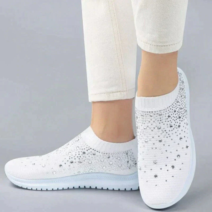 Weiße Damen-Sneaker mit Strass, atmungsaktiv, bequem, modisch, für Freizeit und Sport.