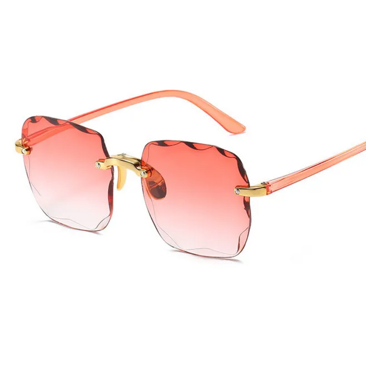 Rosa Sonnenbrille mit goldenen Details, quadratische Gläser, modisches Accessoire.