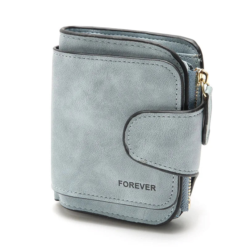 Graue Damen-Geldbörse aus Leder mit Reißverschluss und Aufdruck "FOREVER".