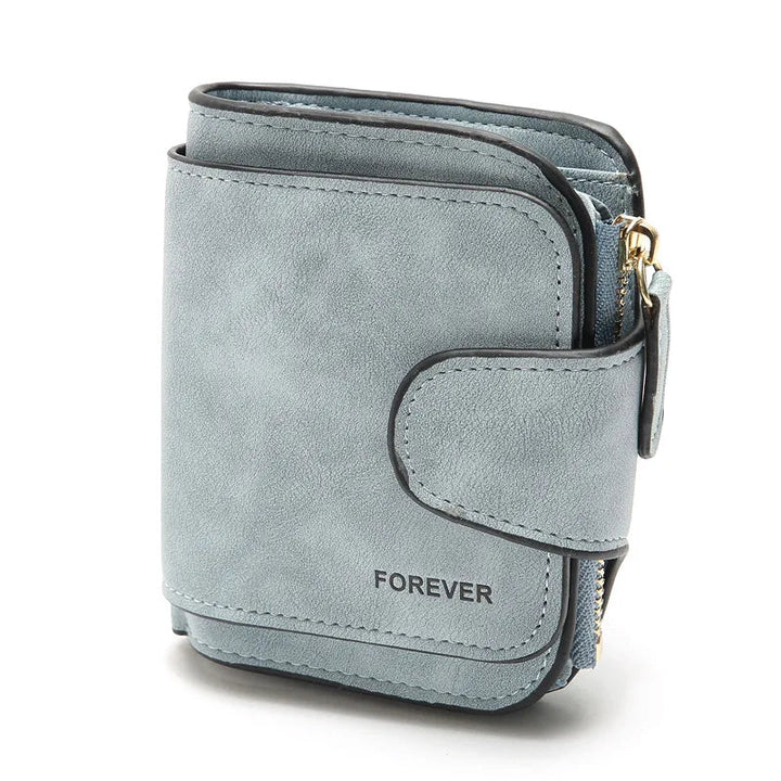 Graue Damen-Geldbörse aus Leder mit Reißverschluss und Aufdruck "FOREVER".