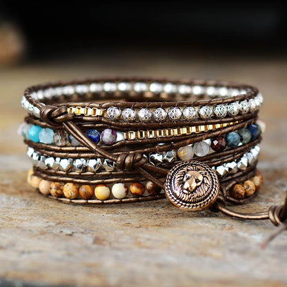 Boho Lederarmband mit Halbedelsteinen, 5-reihig, handgefertigt, braun, Damen Schmuck.