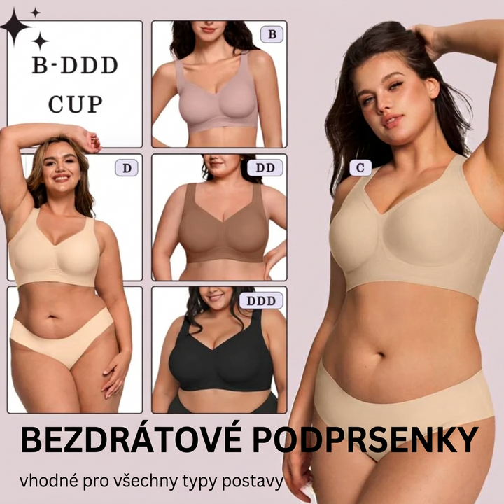 Bezdrátové podprsenky v různých barvách na modelkách s různými velikostmi košíčků od B po DDD 14