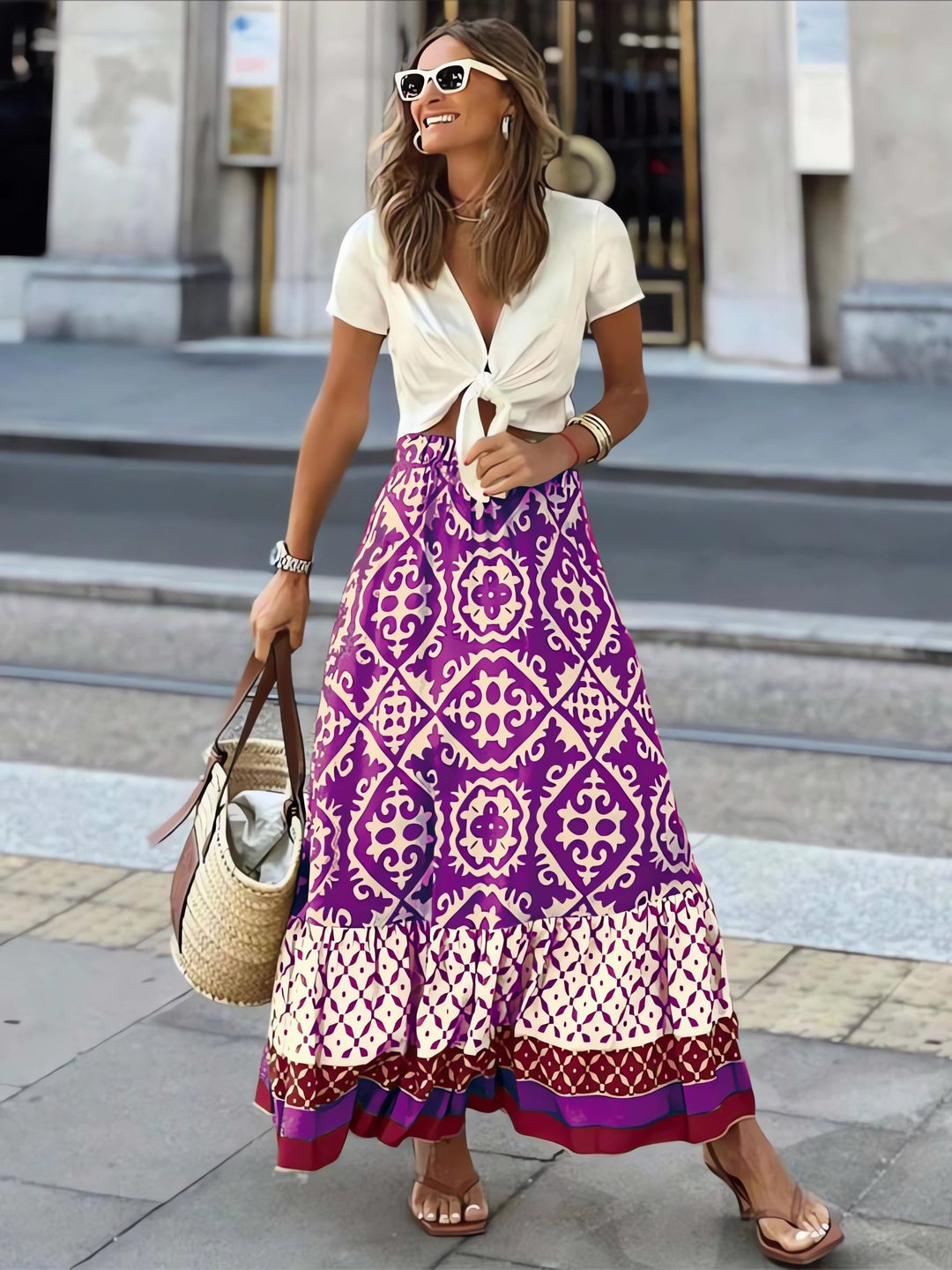 Vzorovaná boho maxi sukně s volnou siluetou a třásněmi – Yalina